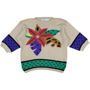 Vintage Chunky Knit Sweater Womens Small Ramie Bold Floral Pullover Short Sleeve